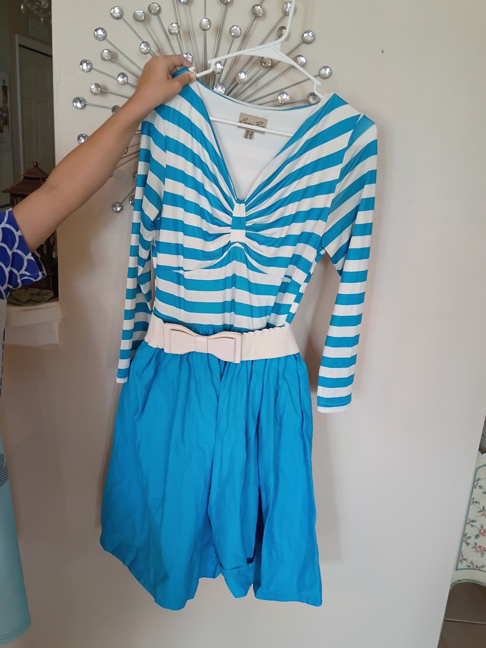 Lindy Bop Blue and White Striped Fit-and-Flare Dress with Belt